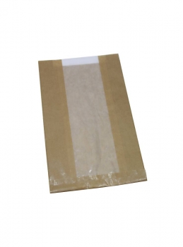 Papier-Bäckerfaltenbeutel/Seitenfaltenbeutel braun 15+5x25,5cm mit Pergamin-Sichtfenster  nur in 100er-Einheiten bestellbar!