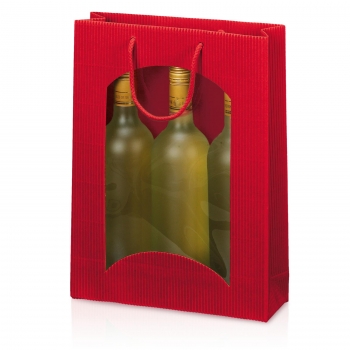 Flaschentasche 3er offene Welle rot mit Sichtfenster und Kordel