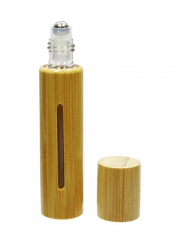 Roll-On 10ml rund Glas klar mit Bambushülle, komplett mit Metallkugeleinsatz und Bambus-Schraubdeckel