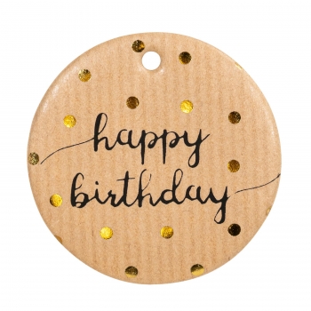 Anhängeetikette natur "Happy Birthdayt" rund mit goldenen Punkten