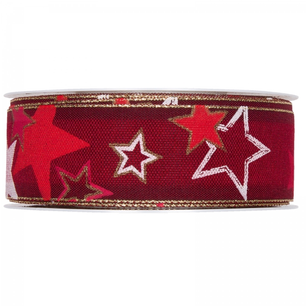 Geschenkband Sterne rot mit goldener Lurexkante, bedruckt 35mm, 15m