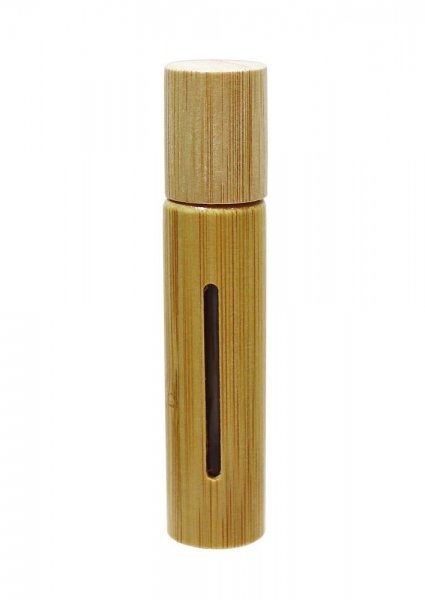 Roll-On 10ml rund Glas klar mit Bambushülle, komplett mit Metallkugeleinsatz und Bambus-Schraubdeckel
